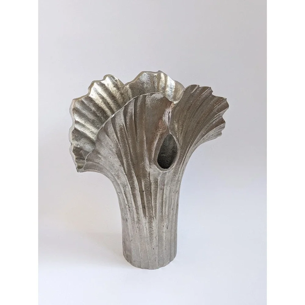 Postmodern Ginkgo Leaf Metal Vase Cast Aluminum? Sculptural Silver Decor 12.5